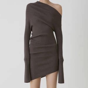 Early Autumn Simple Graceful Diagonal Collar Off Shoulder Slim Fit Figure Flattering Solid Color Knitted Dress Women