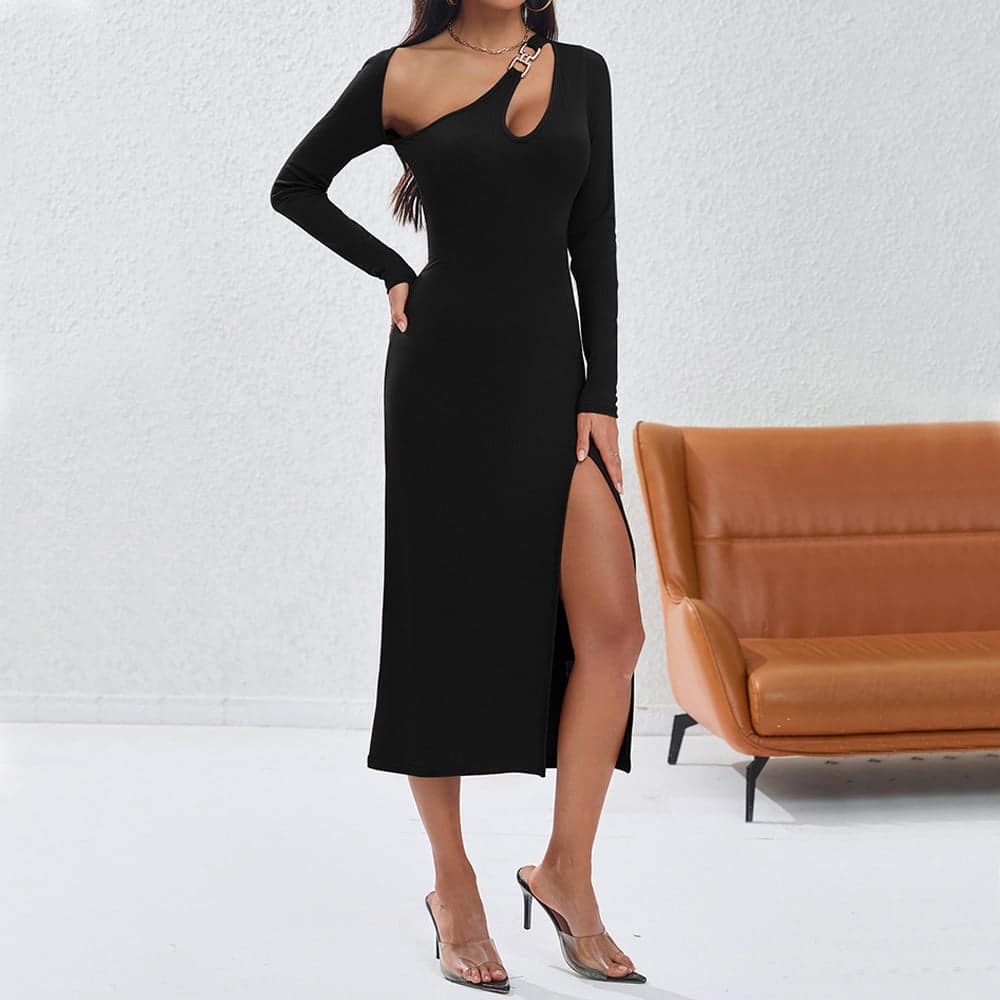 O1CN01H3JeDr2BFZnuo4R9t__2208897598309-0-cib.jpg Women Clothing Sexy Irregular Asymmetric Hollow Out Cutout Out Slim Fit Solid Color Oblique Shoulder Fashionable Craftily Designed Off Shoulder Dress - Image 2