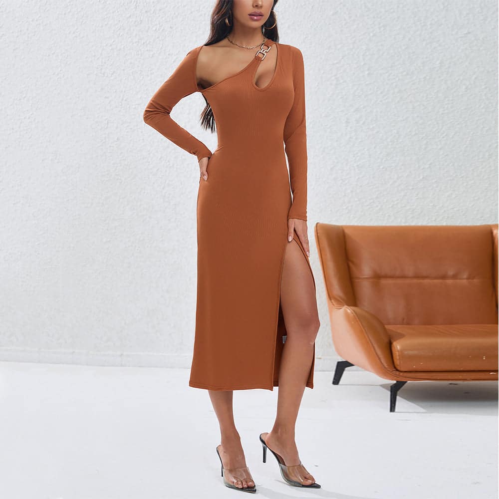 O1CN01RLAq142BFZnxKgYhx__2208897598309-0-cib.jpg Women Clothing Sexy Irregular Asymmetric Hollow Out Cutout Out Slim Fit Solid Color Oblique Shoulder Fashionable Craftily Designed Off Shoulder Dress - Image 3