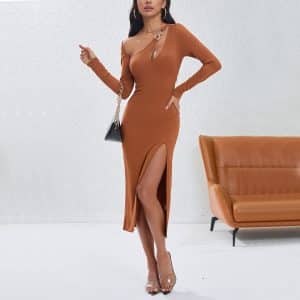 Women Clothing Sexy Irregular Asymmetric Hollow Out Cutout Out Slim Fit Solid Color Oblique Shoulder Fashionable Craftily Designed Off Shoulder Dress